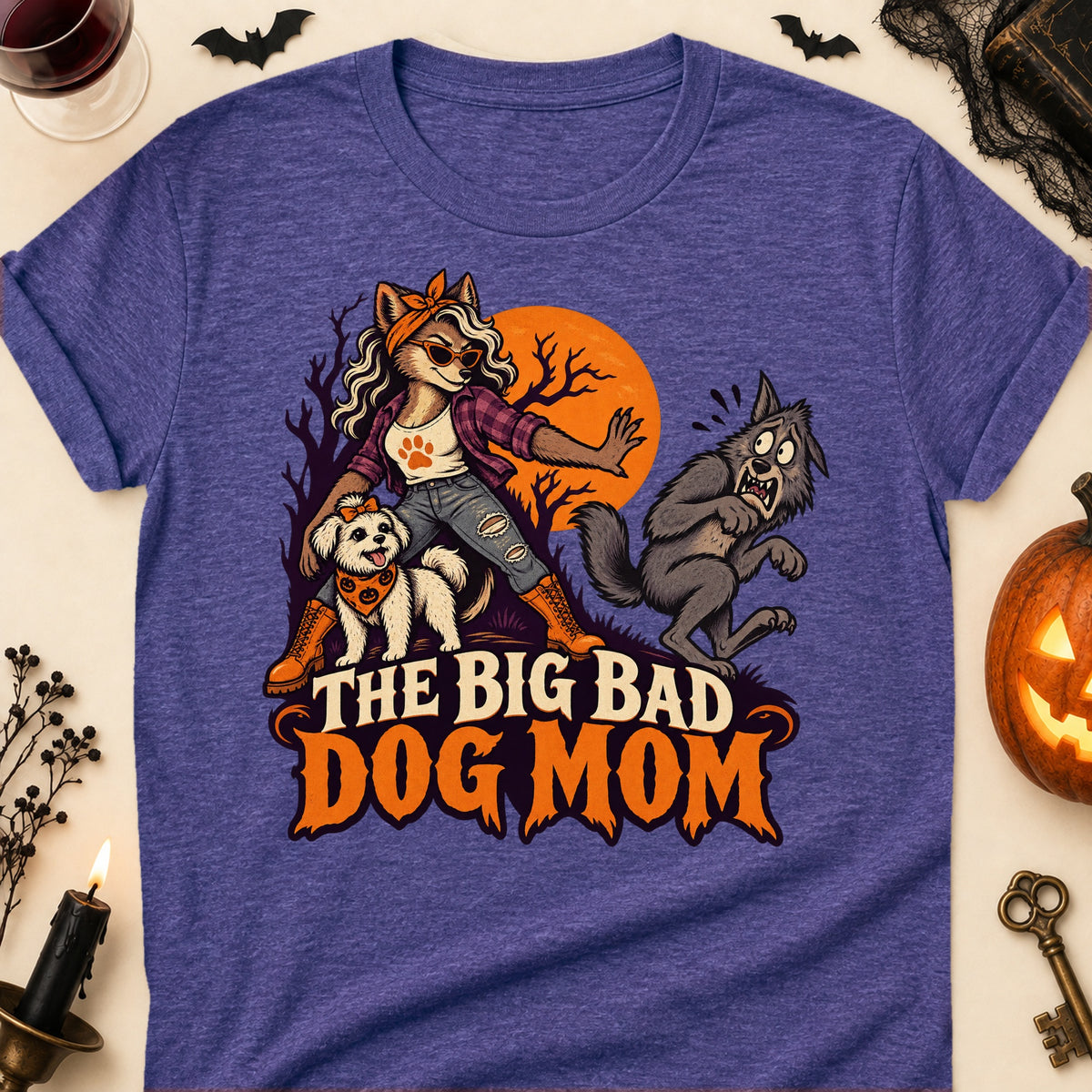 The Big Bad Dog Mom Halloween Dog Mom T-Shirt in Heather Purple