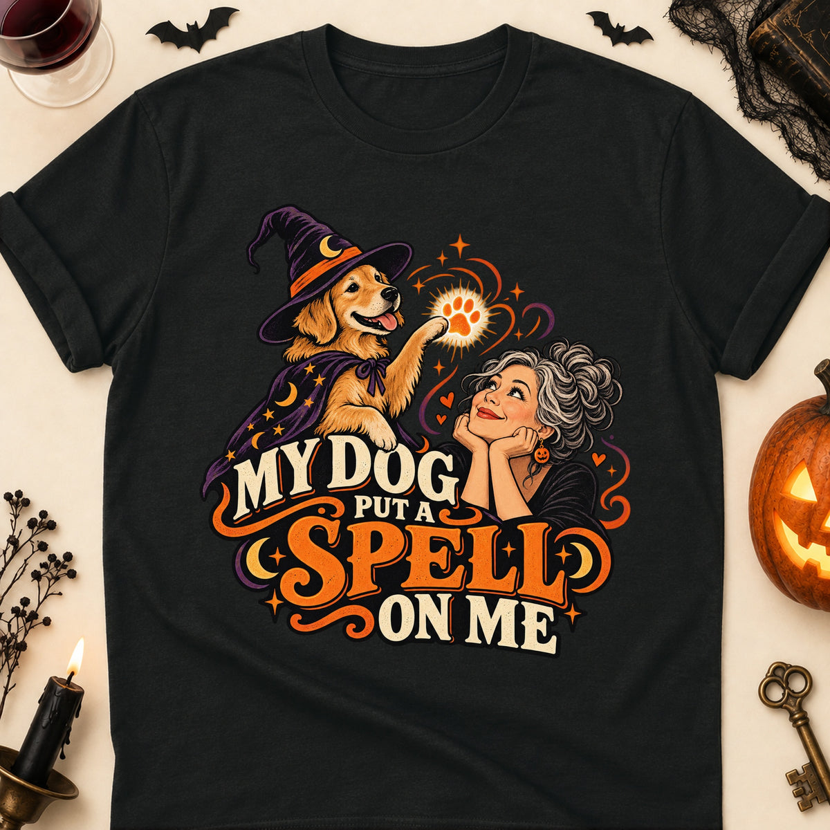 My Dog Put A Spell On Me Halloween Dog Mom T-Shirt in Black