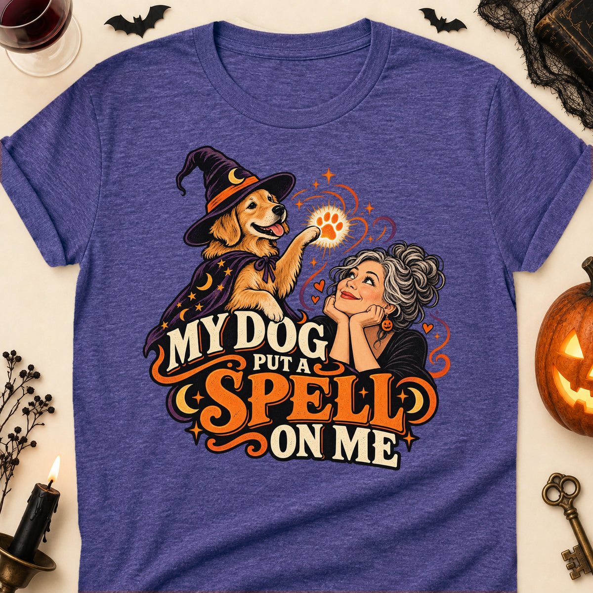 My Dog Put A Spell On Me Halloween Dog Mom T-Shirt in Heather Purple