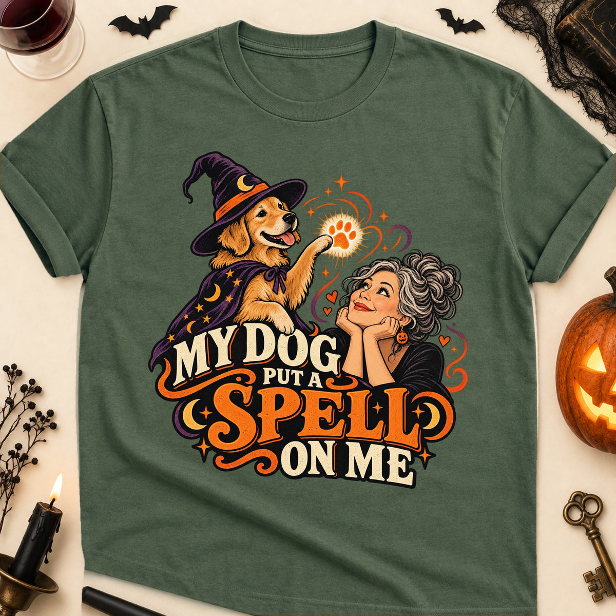 My Dog Put A Spell On Me Halloween Dog Mom T-Shirt in Military Green