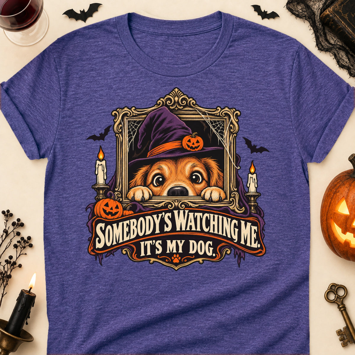 Somebody's Watching Me. It's My Dog. Halloween Dog Mom T-Shirt in Heather Purple