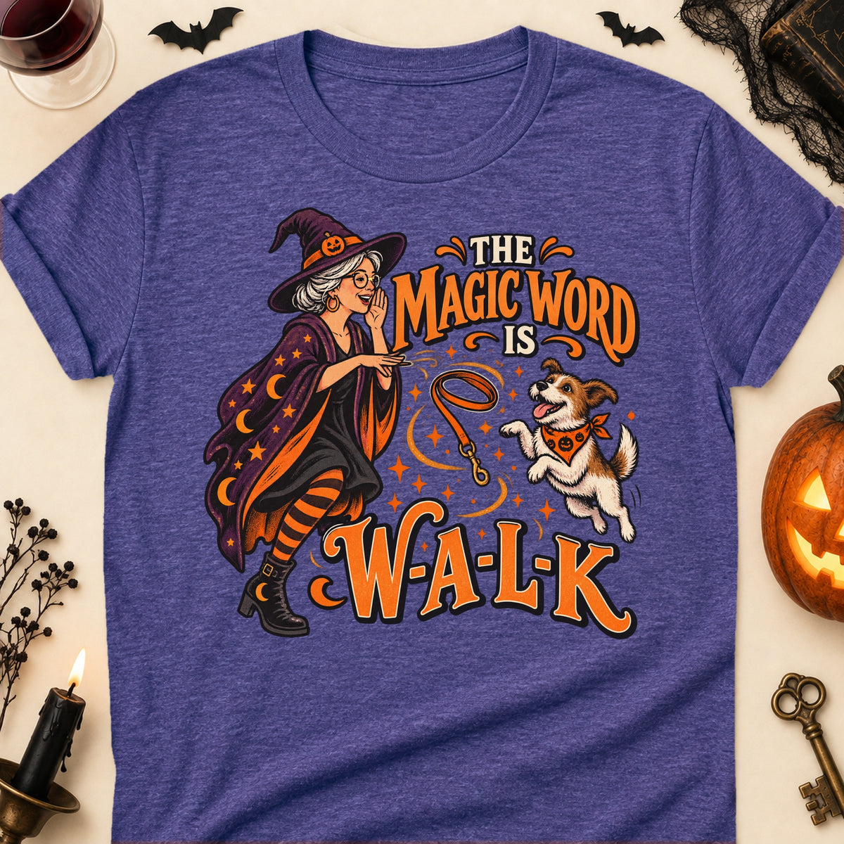 The Magic Word Is W-A-L-K Halloween Dog Mom T-Shirt in Heather Purple