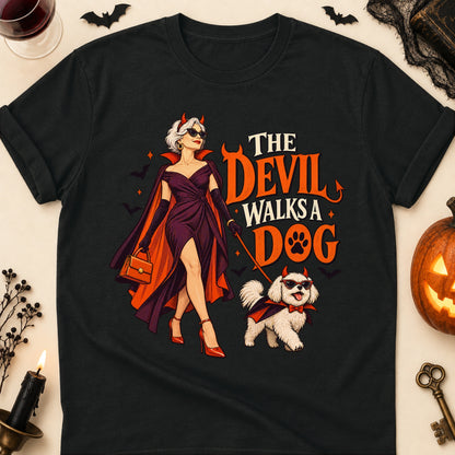 The Devil Walks A Dog Halloween Dog Mom T-Shirt in Black