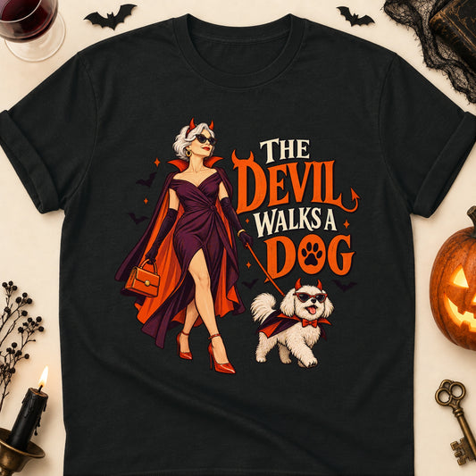 The Devil Walks A Dog Halloween Dog Mom T-Shirt in Black