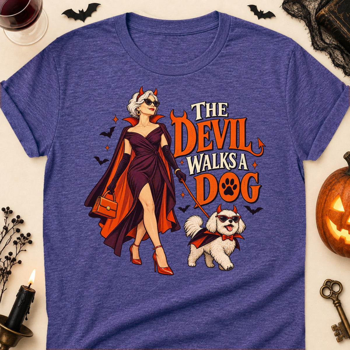 The Devil Walks A Dog Halloween Dog Mom T-Shirt in Heather Purple