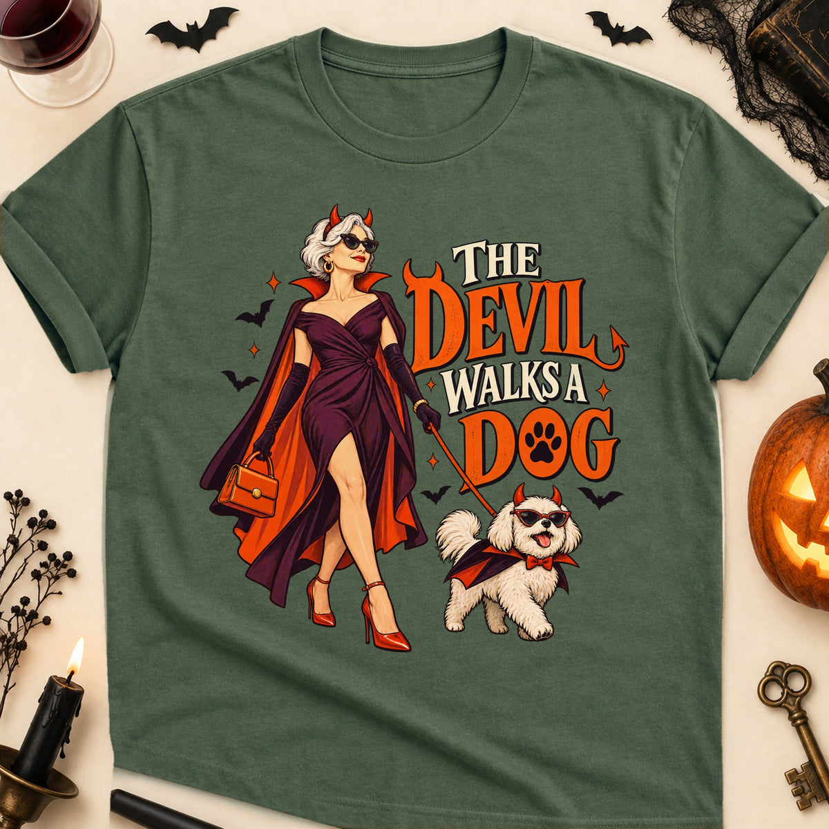 The Devil Walks A Dog Halloween Dog Mom T-Shirt in Military Green