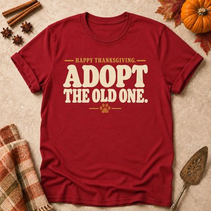 Adopt The Old One dog mom T-shirt in Cardinal Red, laid flat. [bb c=cardinal-red r=flat]