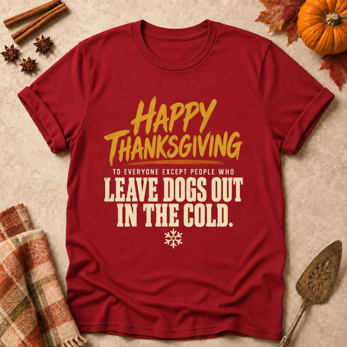 Except People Who Leave Dogs Out dog mom T-shirt in Cardinal Red, laid flat. [bb c=cardinal-red r=flat]