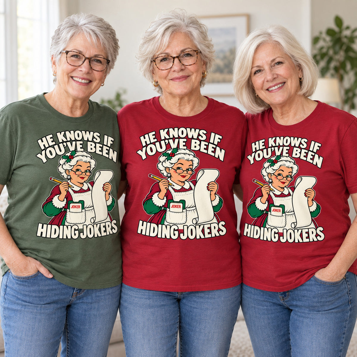 Hiding Jokers mahjong T-shirt worn by three friends. Friends are wearing M, L and XL. [bb c=all r=friends]