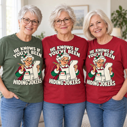 Hiding Jokers mahjong T-shirt worn by three friends. Friends are wearing M, L and XL. [bb c=all r=friends]
