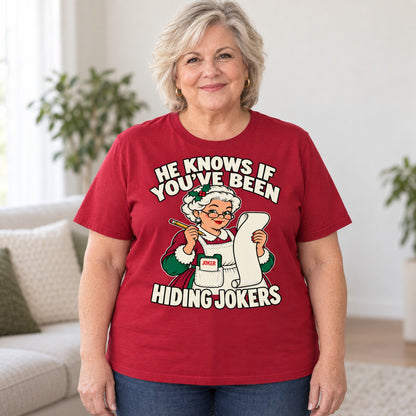 Hiding Jokers mahjong T-shirt in Cardinal Red, worn by Debra. Debra is 5′4″ and wears her usual size 2XL. [bb c=cardinal-red r=body2]