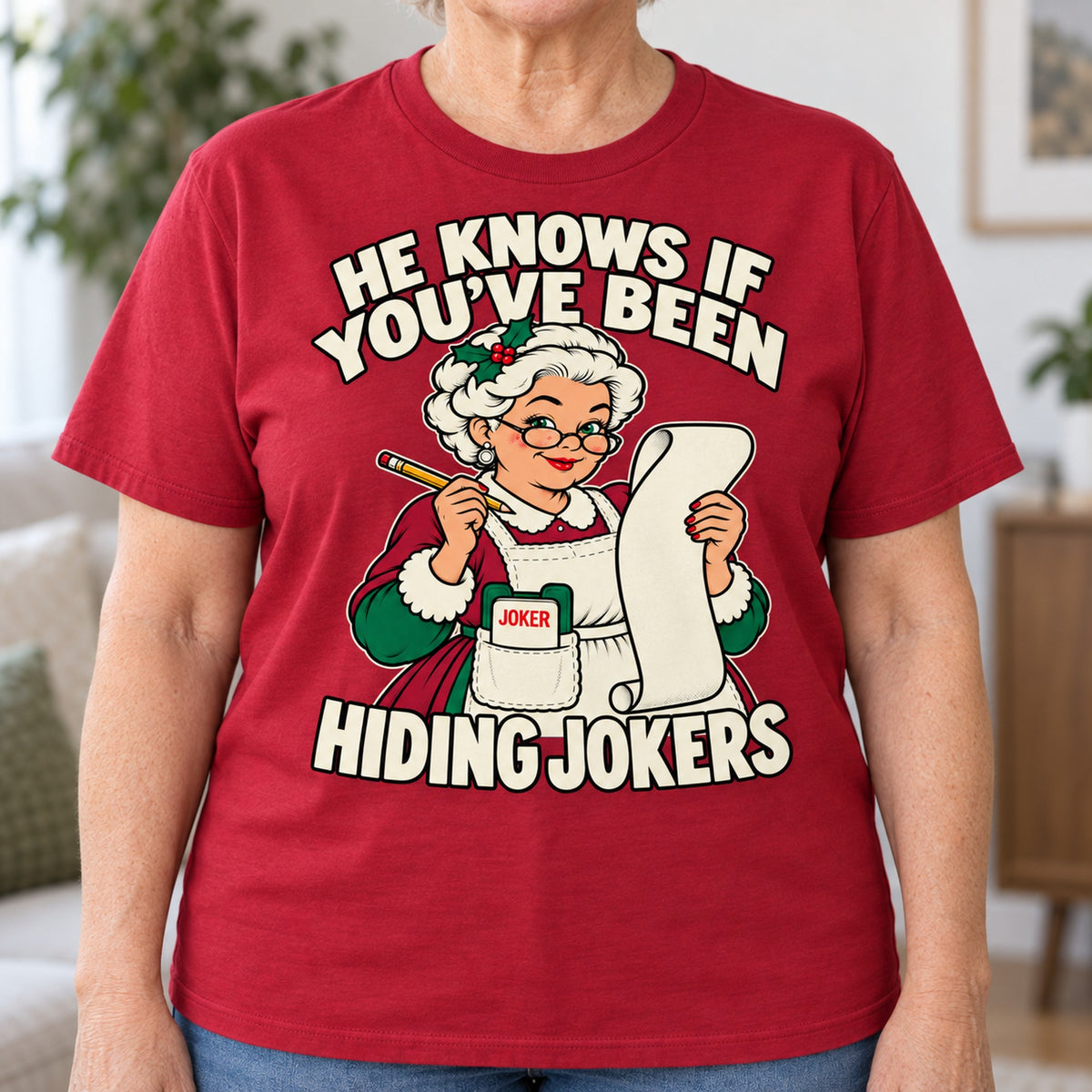 Hiding Jokers mahjong T-shirt in Cardinal Red, close-up of the print, worn by Joan. Joan is 5′5″ and wears her usual size L. [bb c=cardinal-red r=close]