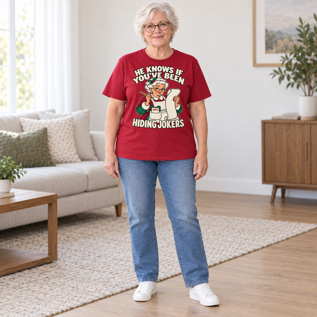 Hiding Jokers mahjong T-shirt in Cardinal Red, full length, worn by Joan. Joan is 5′5″ and wears her usual size L. [bb c=cardinal-red r=fit]
