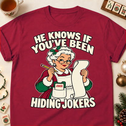 Hiding Jokers mahjong T-shirt in Cardinal Red, laid flat. [bb c=cardinal-red r=flat]