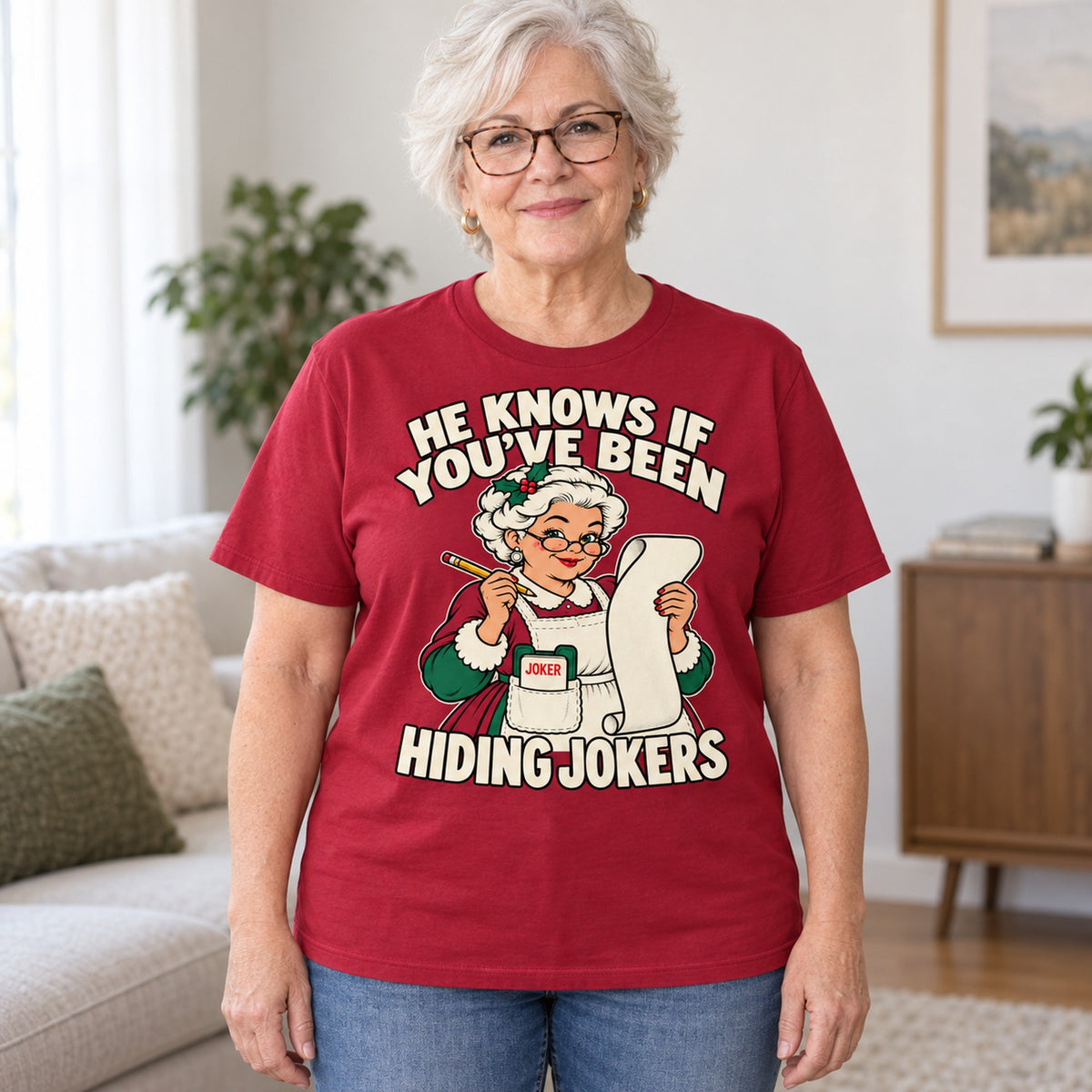 Hiding Jokers mahjong T-shirt in Cardinal Red, worn by Joan. Joan is 5′5″ and wears her usual size L. [bb c=cardinal-red r=hero]