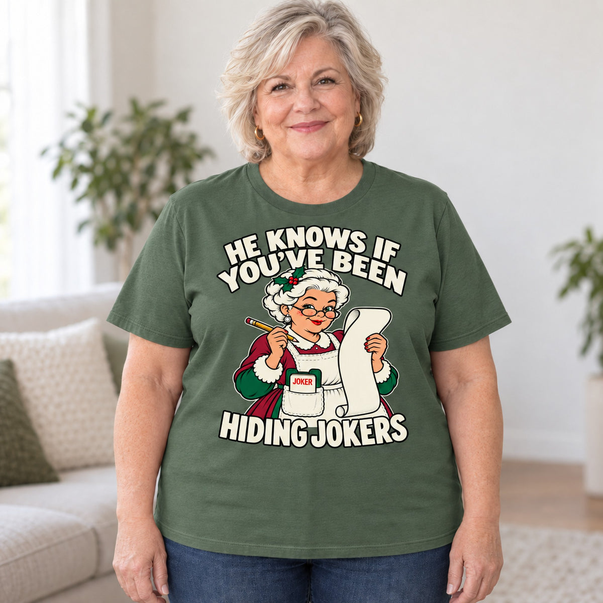 Hiding Jokers mahjong T-shirt in Military Green, worn by Debra. Debra is 5′4″ and wears her usual size 2XL. [bb c=military-green r=body2]