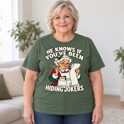 Hiding Jokers mahjong T-shirt in Military Green, worn by Debra. Debra is 5′4″ and wears her usual size 2XL. [bb c=military-green r=body2]