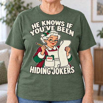 Hiding Jokers mahjong T-shirt in Military Green, close-up of the print, worn by Joan. Joan is 5′5″ and wears her usual size L. [bb c=military-green r=close]