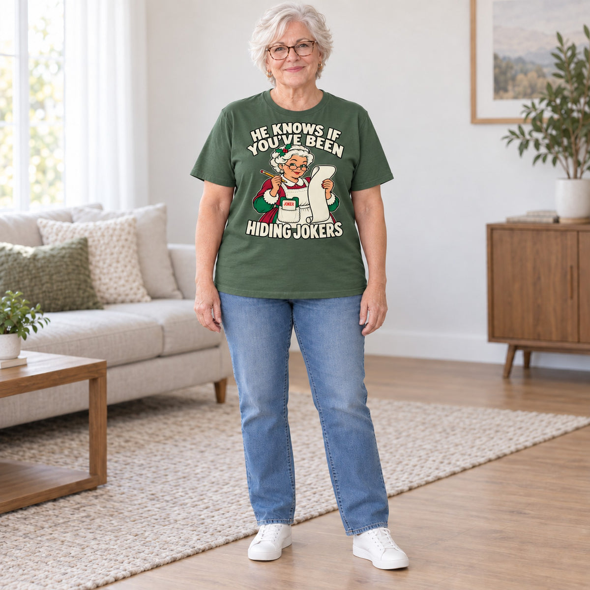 Hiding Jokers mahjong T-shirt in Military Green, full length, worn by Joan. Joan is 5′5″ and wears her usual size L. [bb c=military-green r=fit]