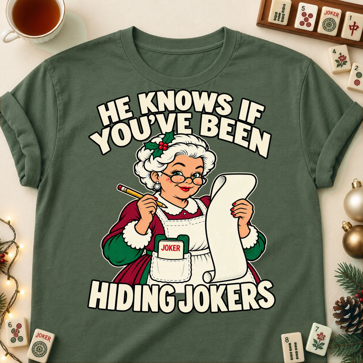 Hiding Jokers mahjong T-shirt in Military Green, laid flat. [bb c=military-green r=flat]
