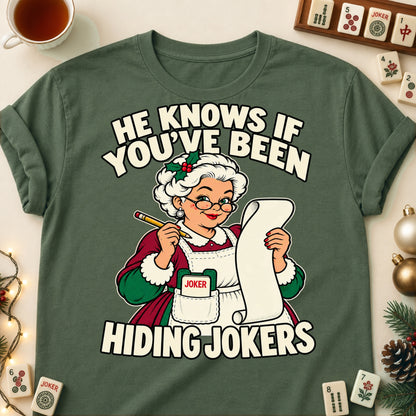 Hiding Jokers mahjong T-shirt in Military Green, laid flat. [bb c=military-green r=flat]