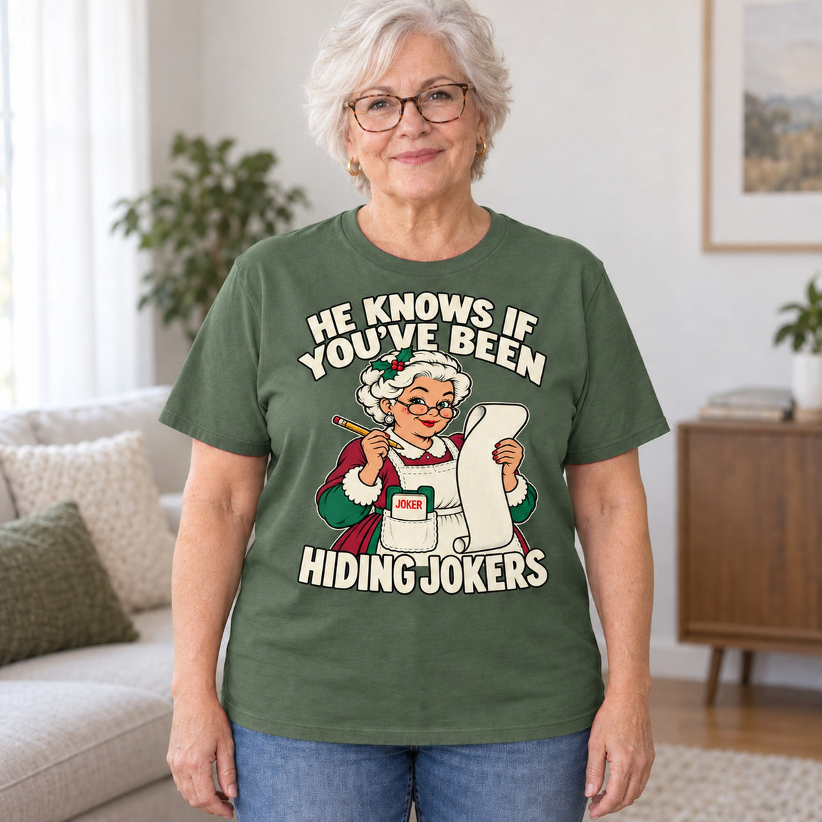 Hiding Jokers mahjong T-shirt in Military Green, worn by Joan. Joan is 5′5″ and wears her usual size L. [bb c=military-green r=hero]