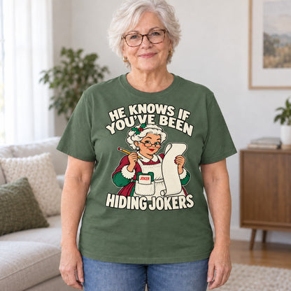 Hiding Jokers mahjong T-shirt in Military Green, worn by Joan. Joan is 5′5″ and wears her usual size L. [bb c=military-green r=hero]