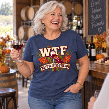 WTF Wine Tasting Friends T-shirt in Heather Navy, worn by Carol. Carol is 5′5″ and wears her usual size 2XL. [bb c=heather-navy r=body2]