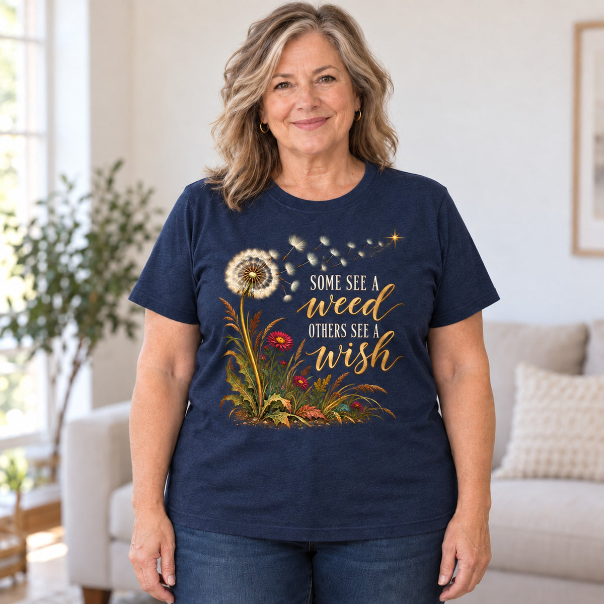Some See A Weed T-shirt in Heather Navy, worn by Debra. Debra is 5′4″ and wears her usual size 2XL. [bb c=heather-navy r=body2]