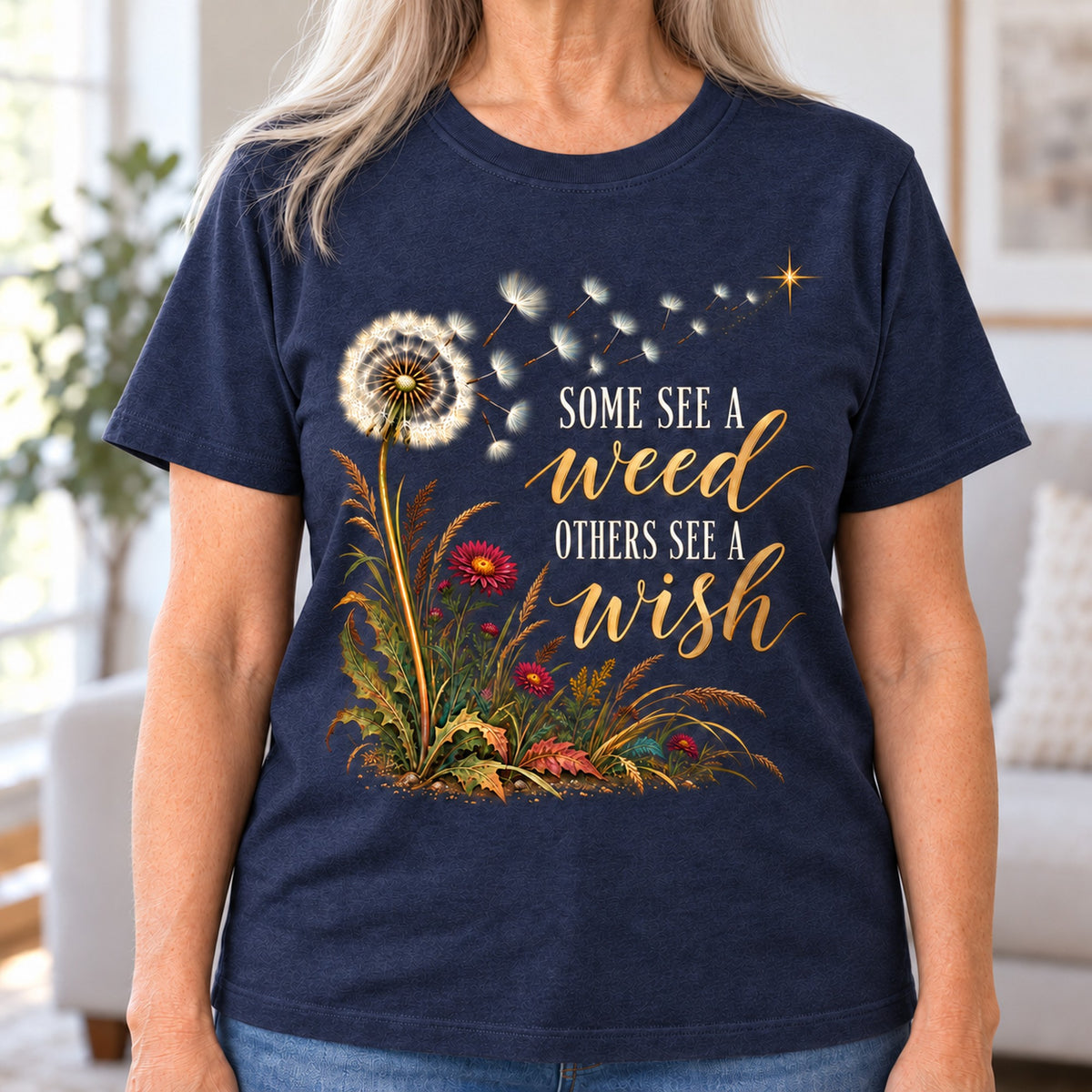 Some See A Weed T-shirt in Heather Navy, close-up of the print, worn by Nancy. Nancy is 5′7″ and wears her usual size M. [bb c=heather-navy r=close]