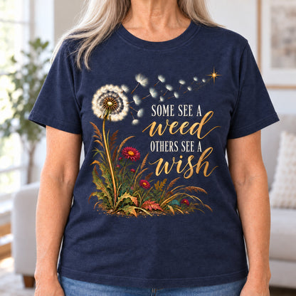 Some See A Weed T-shirt in Heather Navy, close-up of the print, worn by Nancy. Nancy is 5′7″ and wears her usual size M. [bb c=heather-navy r=close]