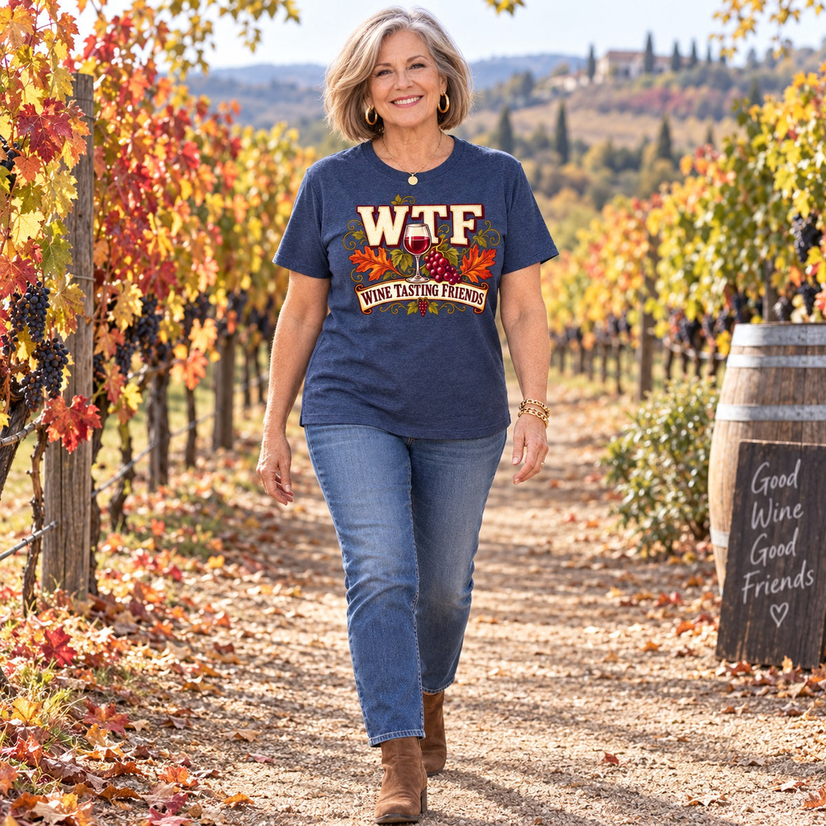 WTF Wine Tasting Friends T-shirt in Heather Navy, full length, worn by Susan. Susan is 5′4″ and wears her usual size L. [bb c=heather-navy r=fit]