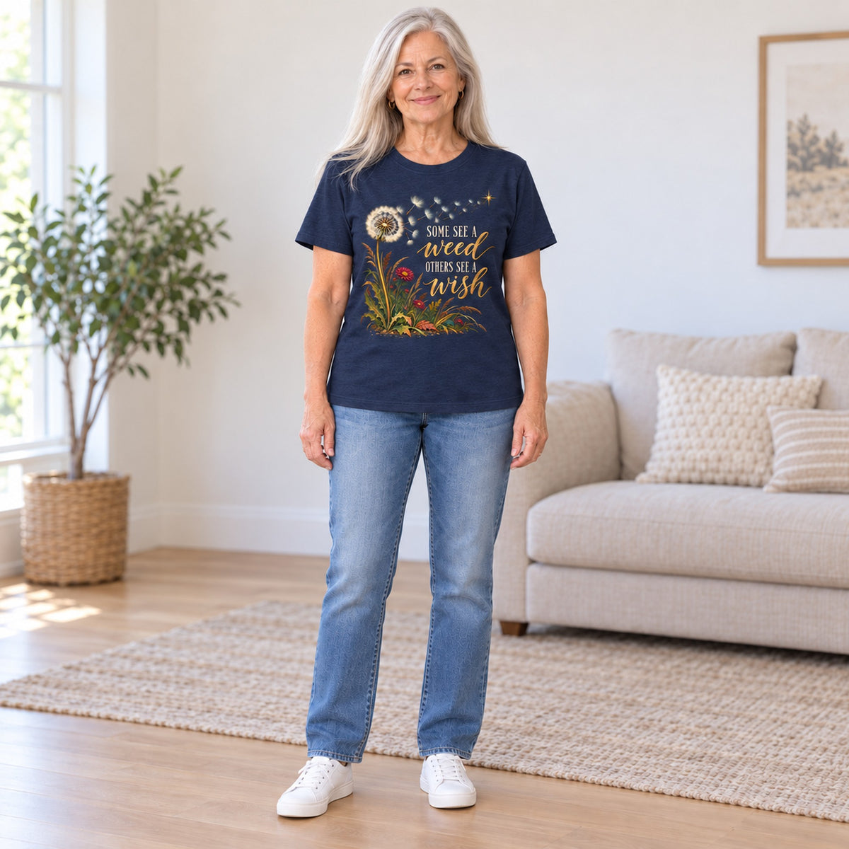 Some See A Weed T-shirt in Heather Navy, full length, worn by Nancy. Nancy is 5′7″ and wears her usual size M. [bb c=heather-navy r=fit]