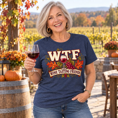 WTF Wine Tasting Friends T-shirt in Heather Navy, worn by Susan. Susan is 5′4″ and wears her usual size L. [bb c=heather-navy r=hero]
