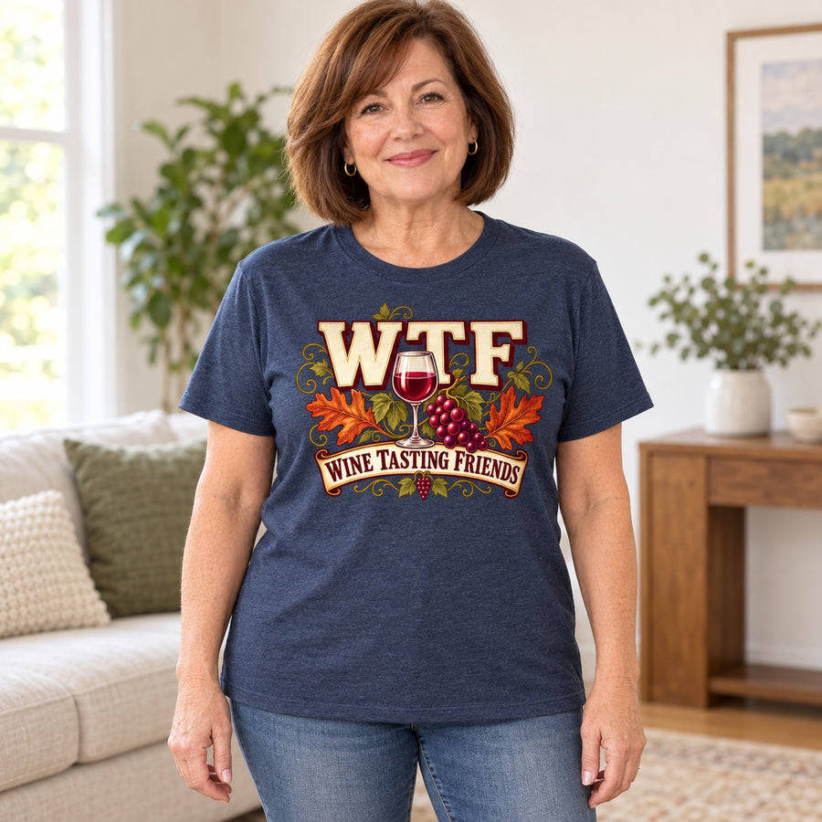 WTF Wine Tasting Friends Fall Colored Print T-Shirt