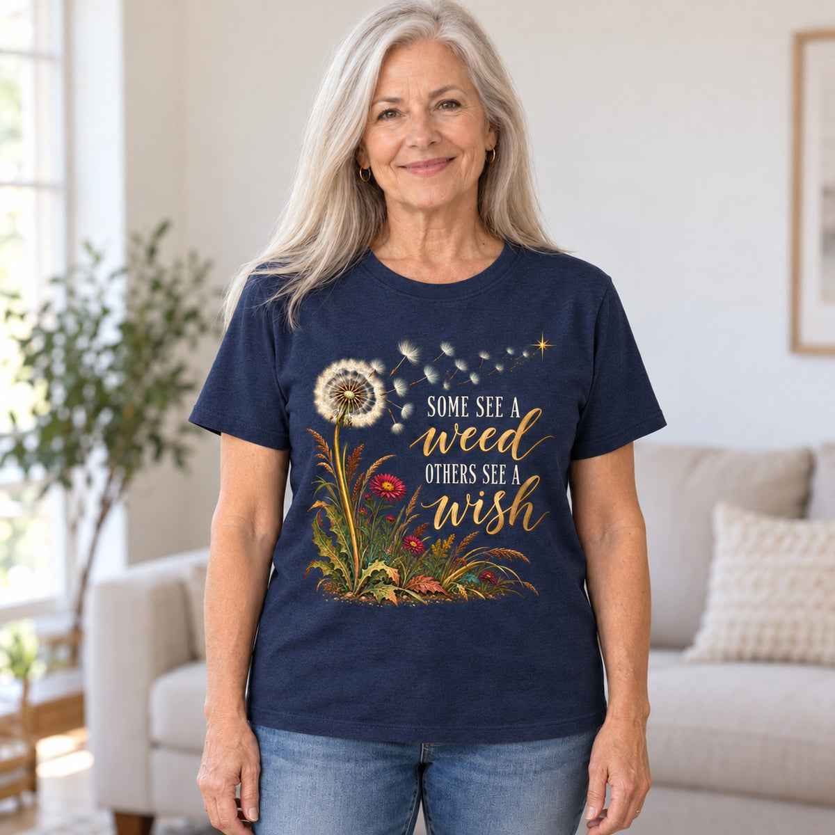 Some See A Weed T-shirt in Heather Navy, worn by Nancy. Nancy is 5′7″ and wears her usual size M. [bb c=heather-navy r=hero]