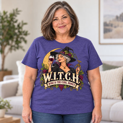 W.I.T.C.H. T-shirt in Heather Purple, worn by Linda. Linda is 5′4″ and wears her usual size 2XL. [bb c=heather-purple r=body2]