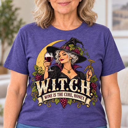 W.I.T.C.H. T-shirt in Heather Purple, close-up of the print, worn by Diane. Diane is 5′5″ and wears her usual size L. [bb c=heather-purple r=close]