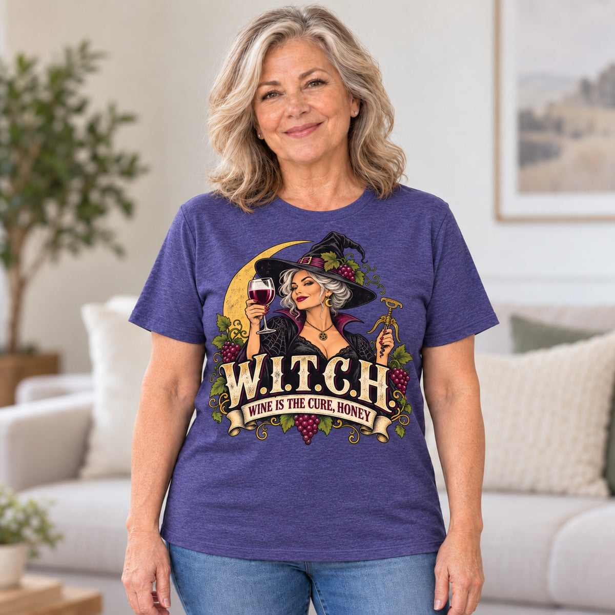 W.I.T.C.H. T-shirt in Heather Purple, worn by Diane. Diane is 5′5″ and wears her usual size L. [bb c=heather-purple r=hero]