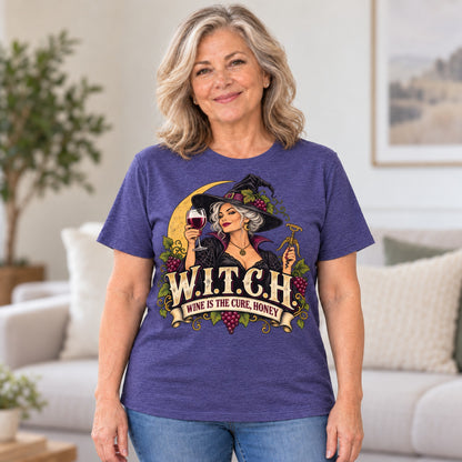 W.I.T.C.H. T-shirt in Heather Purple, worn by Diane. Diane is 5′5″ and wears her usual size L. [bb c=heather-purple r=hero]