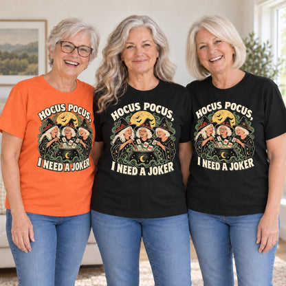 Hocus Pocus mahjong T-shirt worn by three friends. Friends are wearing M, L and XL. [bb c=all r=friends]