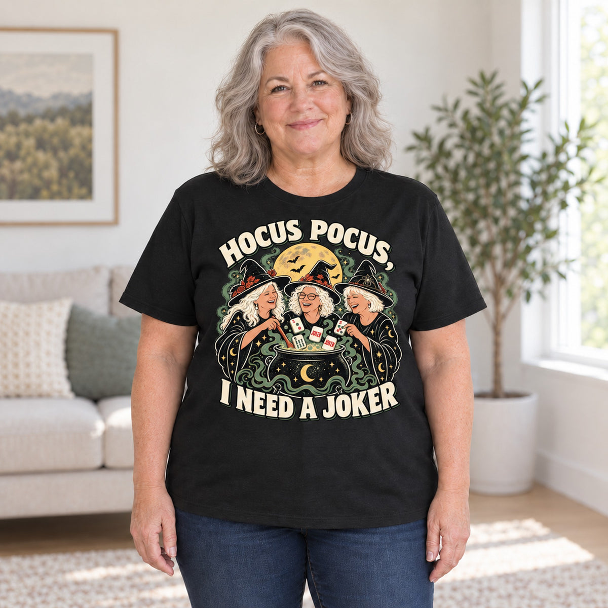 Hocus Pocus mahjong T-shirt in Black, worn by Debra. Debra is 5′4″ and wears her usual size 2XL. [bb c=black r=body2]
