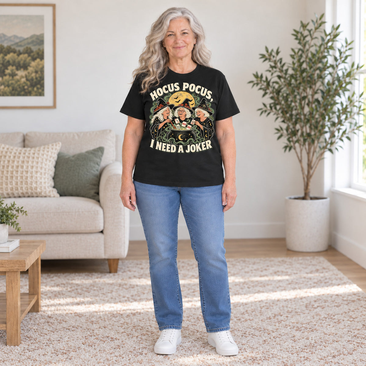 Hocus Pocus mahjong T-shirt in Black, full length, worn by Sandra. Sandra is 5′5″ and wears her usual size L. [bb c=black r=fit]