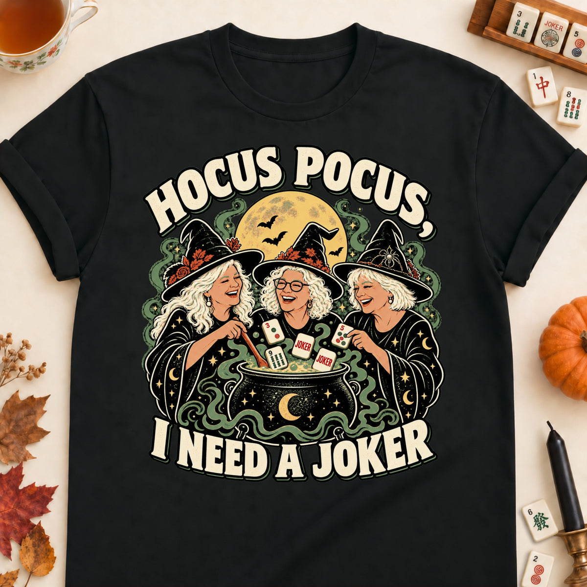 Hocus Pocus mahjong T-shirt in Black, laid flat. [bb c=black r=flat]
