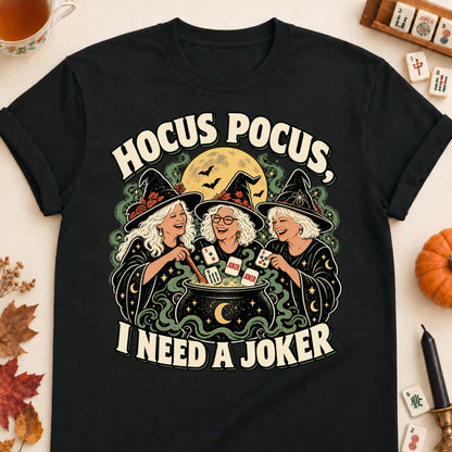 Hocus Pocus mahjong T-shirt in Black, laid flat. [bb c=black r=flat]