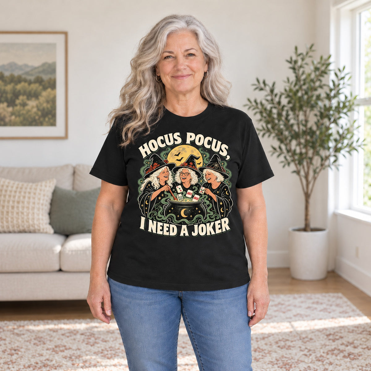 Hocus Pocus mahjong T-shirt in Black, worn by Sandra. Sandra is 5′5″ and wears her usual size L. [bb c=black r=hero]