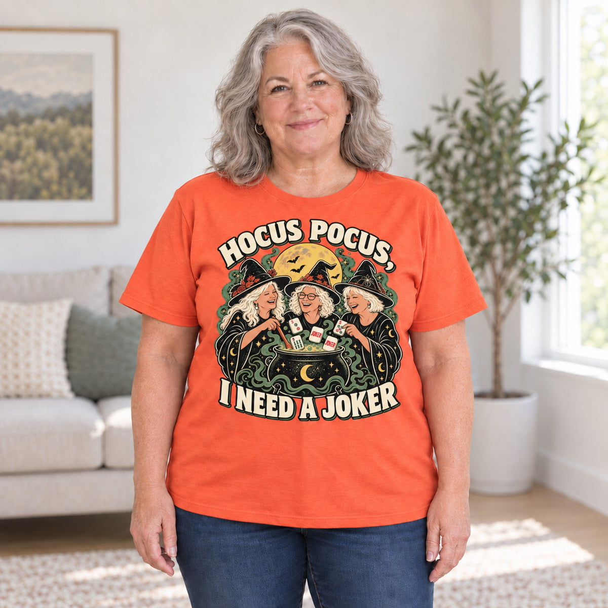 Hocus Pocus mahjong T-shirt in Orange, worn by Debra. Debra is 5′4″ and wears her usual size 2XL. [bb c=orange r=body2]