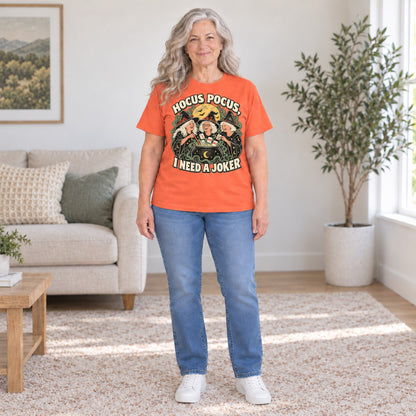 Hocus Pocus mahjong T-shirt in Orange, full length, worn by Sandra. Sandra is 5′5″ and wears her usual size L. [bb c=orange r=fit]