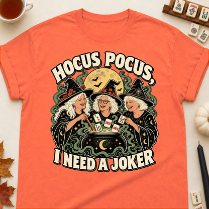 Hocus Pocus mahjong T-shirt in Orange, laid flat. [bb c=orange r=flat]