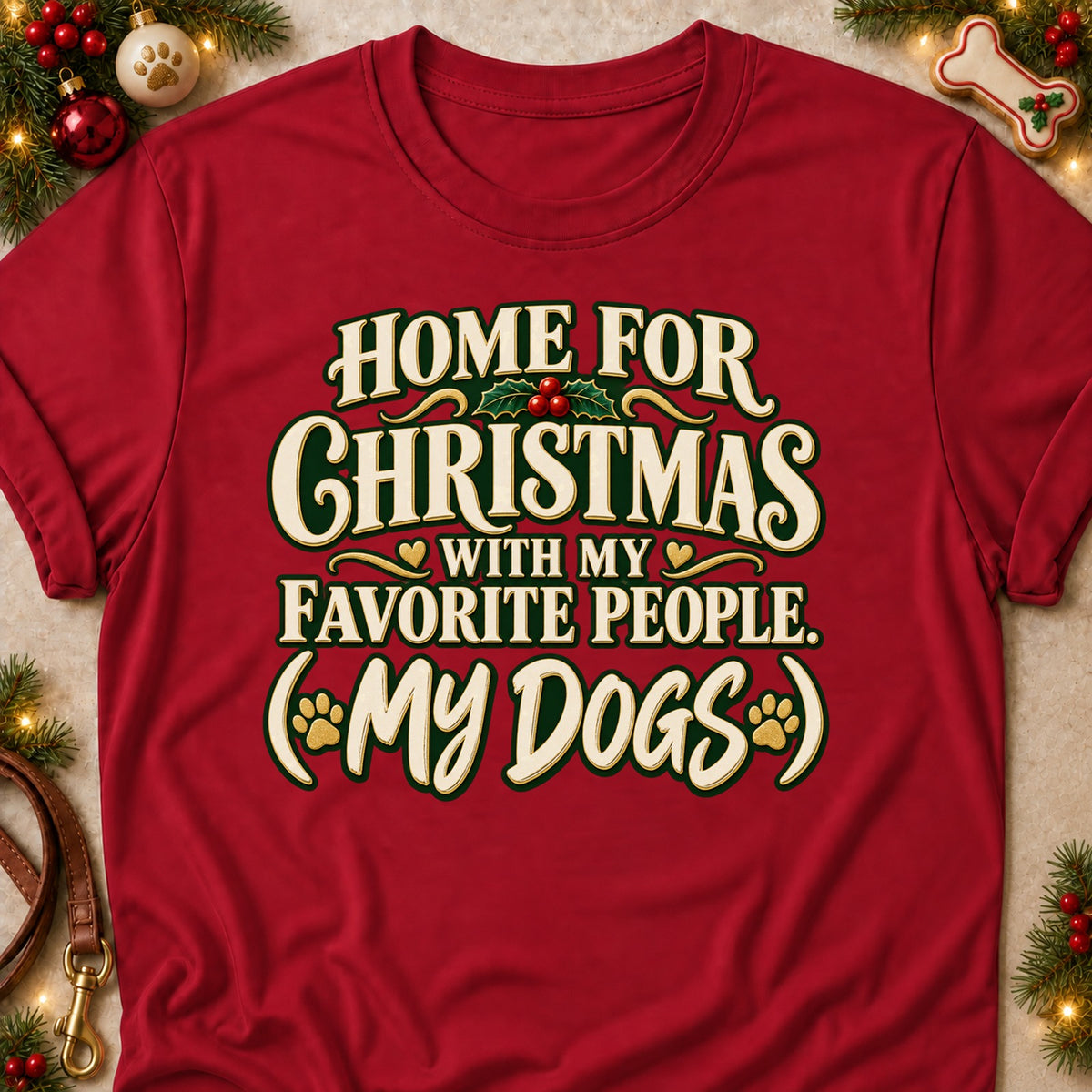 My Favorite People dog mom T-shirt in Cardinal Red, laid flat. [bb c=cardinal-red r=flat]